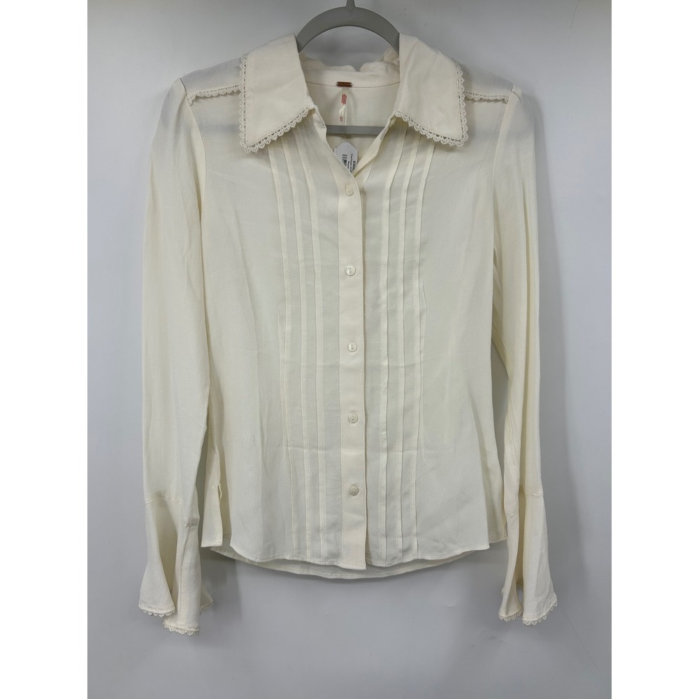 Free People Ivory Lace Trim Pintuck Bell Sleeve Button Down Blouse XS